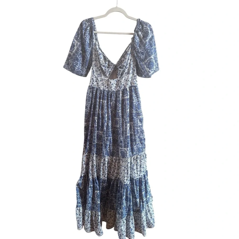AbercrombieFitch Blue White Tiered Maxi Dress MediumTall Twist Front Cottagecore